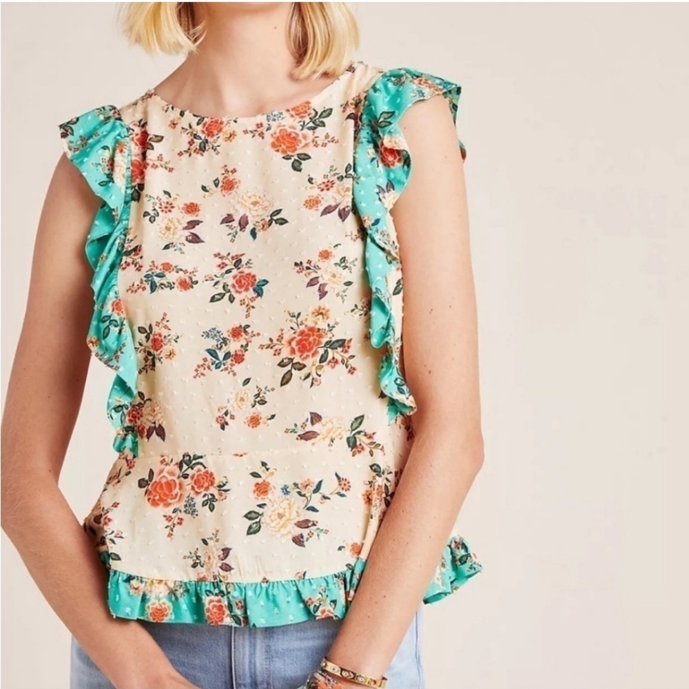 FARM Rio Floral Ruffle Top - Cream and Green